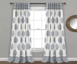 Teardrop Leaf Navy Room-Darkening Back Tab Curtain Panel Pair, (95")