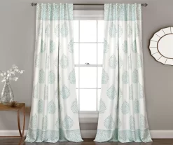 Teardrop Leaf Blue Room-Darkening Back Tab Curtain Panel Pair, (84")