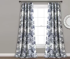 Botanical Garden Navy & White Room-Darkening Rod Pocket Curtain Panel Pair, (84")