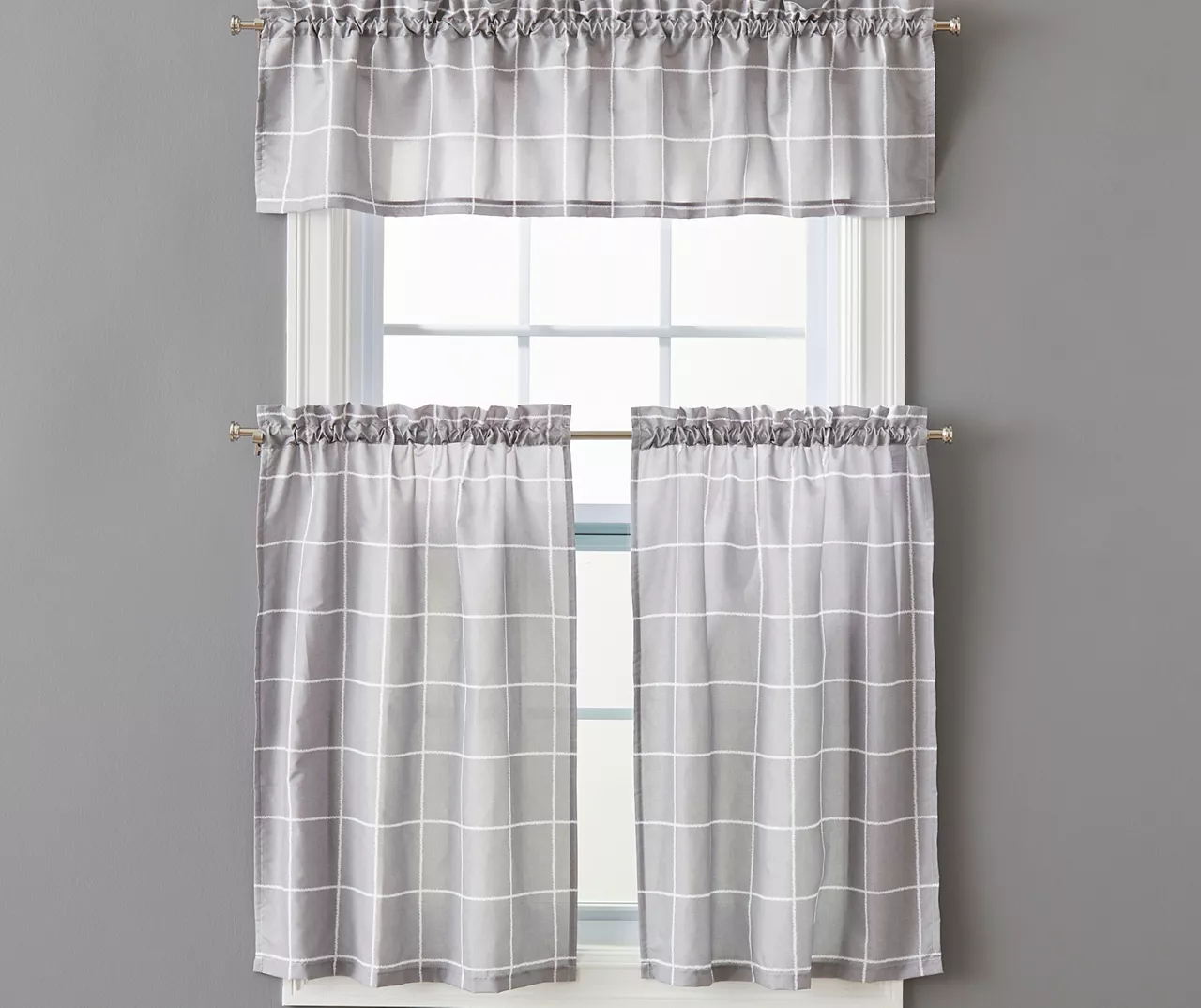 Gray Ronan Valance & Tier 3-Piece Curtain Set 1 Gray Ronan Valance & Tier 3-Piece Curtain Set
