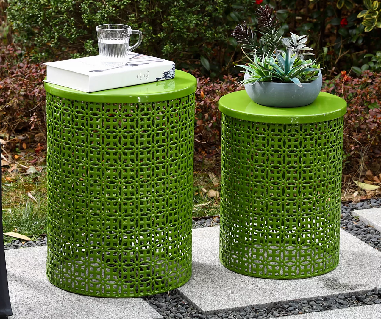 Green 2-Piece Metal Drum Garden Table Set 11 Green 2-Piece Metal Drum Garden Table Set - Image 11