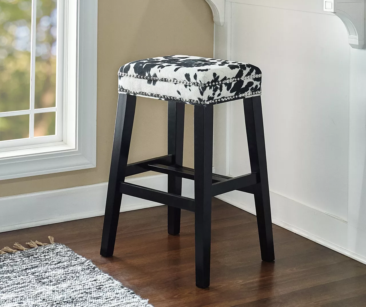 Baldwin White & Black Cow Print Nailhead Bar Stool 2 Baldwin White & Black Cow Print Nailhead Bar Stool - Image 2