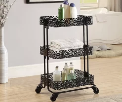 Mabry Black 3-Tier Pierced Floral Rolling Cart 9 Mabry Black 3-Tier Pierced Floral Rolling Cart -Deco Haven Shop 810543382 2
