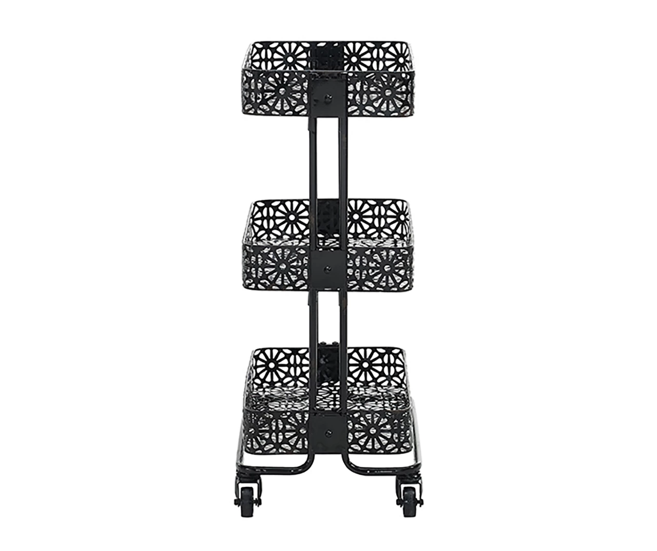 Mabry Black 3-Tier Pierced Floral Rolling Cart 3 Mabry Black 3-Tier Pierced Floral Rolling Cart - Image 3