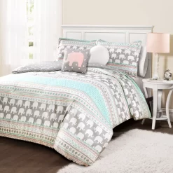 Turquoise & Pink Elephant Geometric Stripe Full/Queen 5-Piece Comforter Set -Deco Haven Shop 810552910 11