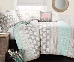 Turquoise & Pink Elephant Geometric Stripe Full/Queen 5-Piece Comforter Set