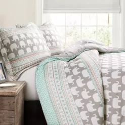 Turquoise & Pink Elephant Geometric Stripe Full/Queen 5-Piece Comforter Set -Deco Haven Shop 810552910 3