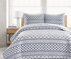 Monique White & Navy Pattern Stripe Full/Queen 3-Piece Quilt Set