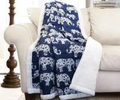 Navy & White Elephant Parade Quilted Sherpa Throw, (50" X 60")