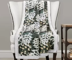 Green & White Camo Leaves Quilted Sherpa Throw, (50" X 60")