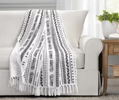 Hygge White & Black Geometric Stripe Tassel-Fringe Throw, (50" X 60")