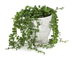 Artificial String Of Pearls Plant In White Herringbone Footed Pot