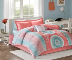 Blaire Coral & Aqua Boho Medallion Twin XL 8-Piece Comforter Set -Deco Haven Shop 810590806 810590805 810590804 810590803 2