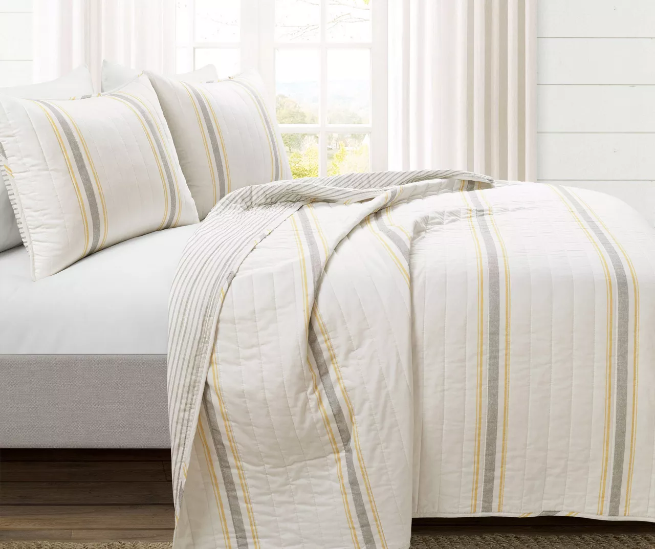 Farmhouse White, Yellow & Gray Stripe Reversible Full/Queen 3-Piece Quilt Set 2 Farmhouse White, Yellow & Gray Stripe Reversible Full/Queen 3-Piece Quilt Set - Image 2