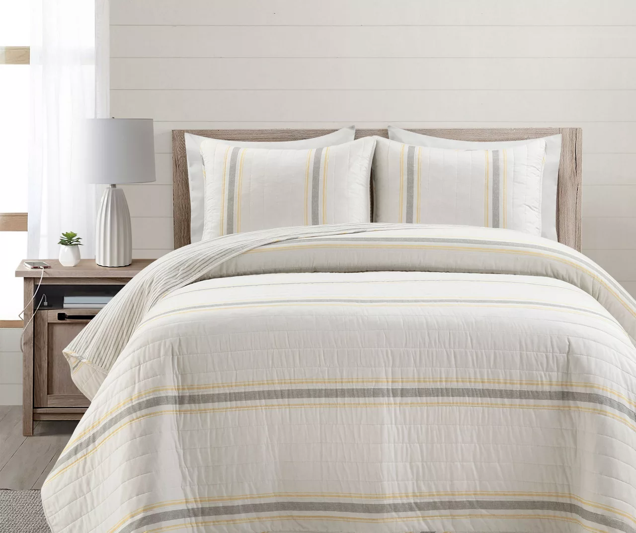 Farmhouse White, Yellow & Gray Stripe Reversible Full/Queen 3-Piece Quilt Set 1 Farmhouse White, Yellow & Gray Stripe Reversible Full/Queen 3-Piece Quilt Set