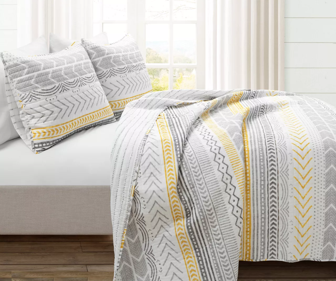 Hygge Gray, Yellow & White Geometric Reversible Full/Queen 3-Piece Quilt Set 2 Hygge Gray, Yellow & White Geometric Reversible Full/Queen 3-Piece Quilt Set - Image 2