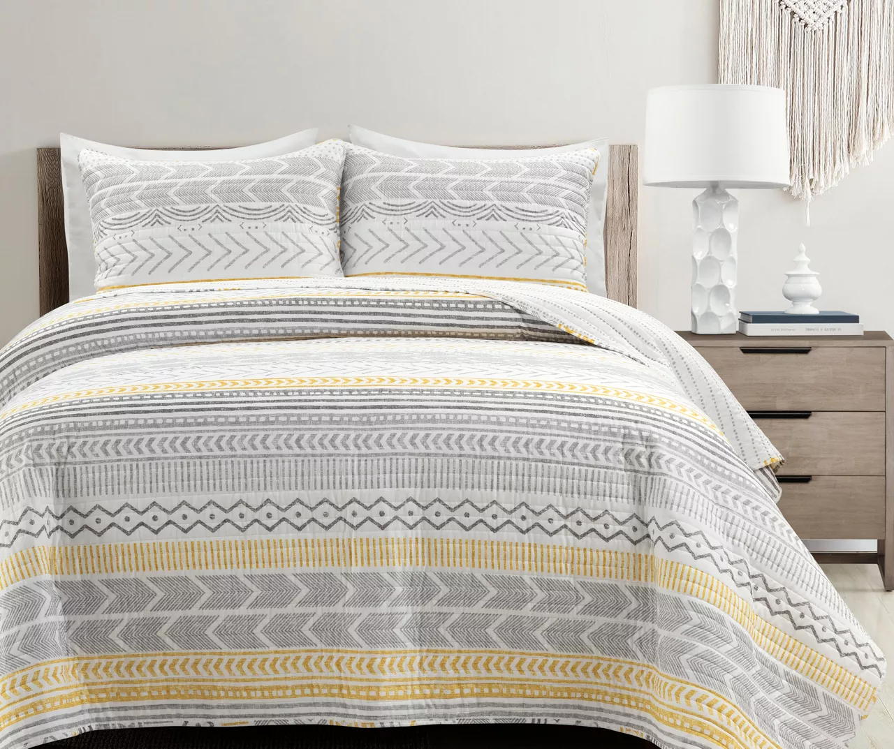 Hygge Gray, Yellow & White Geometric Reversible Full/Queen 3-Piece Quilt Set 1 Hygge Gray, Yellow & White Geometric Reversible Full/Queen 3-Piece Quilt Set