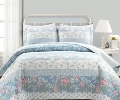 Blue Floral & Stripe Cotton Reversible Full/Queen 3-Piece Quilt Set