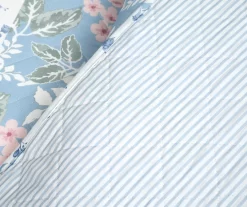 Blue Floral & Stripe Cotton Reversible Full/Queen 3-Piece Quilt Set -Deco Haven Shop 810596029 4