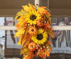 26" Sunflower, Pumpkin & Leaf Teardrop Wreath -Deco Haven Shop 810596394 3