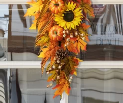 26" Sunflower, Pumpkin & Leaf Teardrop Wreath -Deco Haven Shop 810596394 4