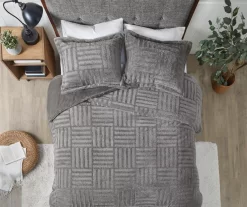 Polar Gray Patchwork Stripe Faux Fur King/California King 3-Piece Comforter Set -Deco Haven Shop 810598144 810598145 810598146 3