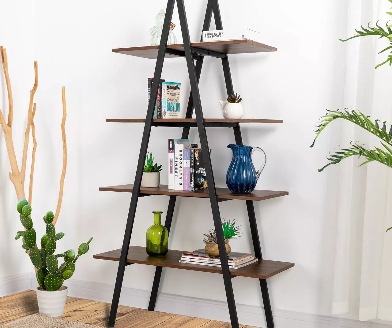 Walnut Modern A-Frame 4-Shelf Bookcase 2 Walnut Modern A-Frame 4-Shelf Bookcase - Image 2