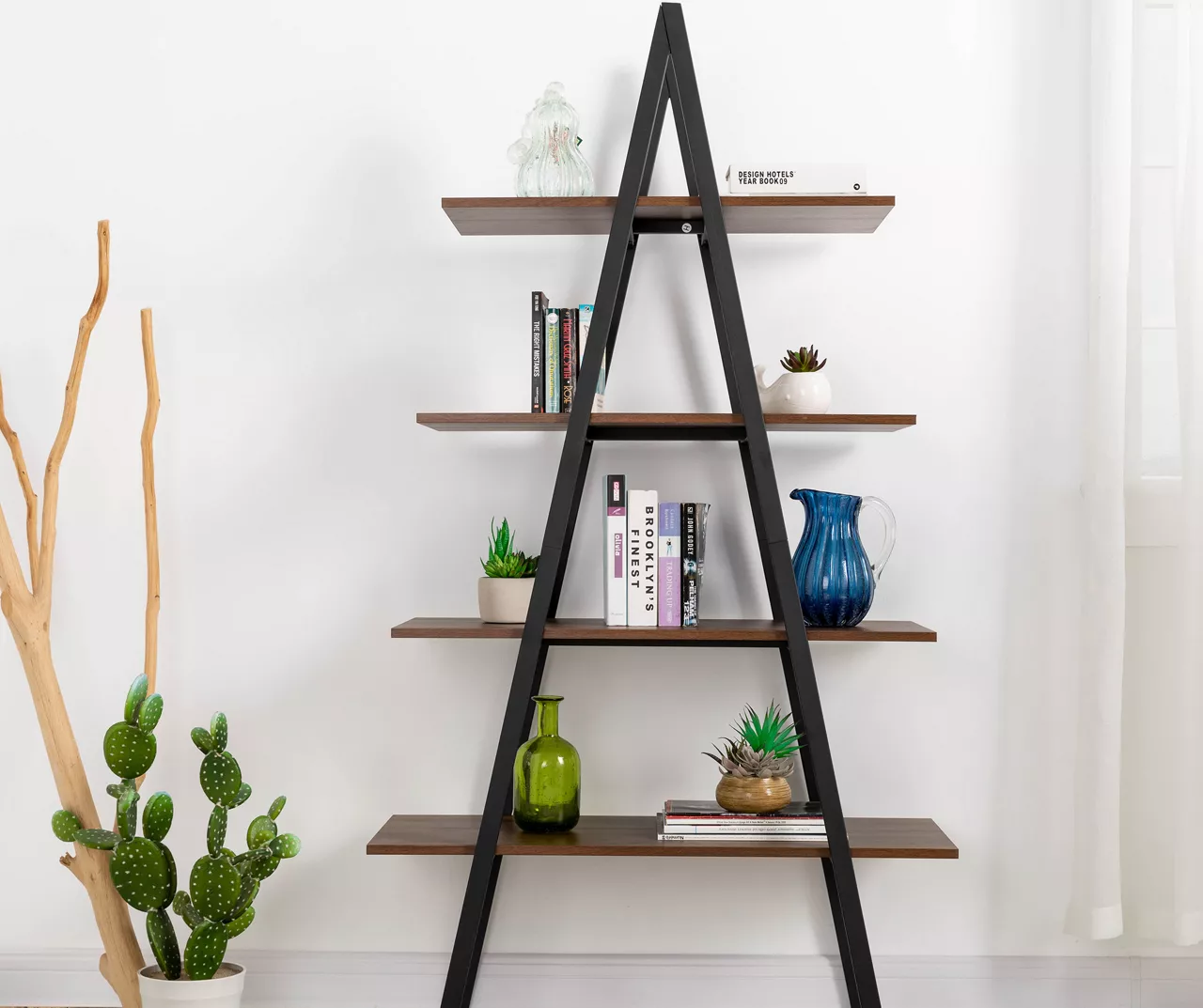Walnut Modern A-Frame 4-Shelf Bookcase 3 Walnut Modern A-Frame 4-Shelf Bookcase - Image 3