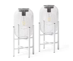 14.2" White Mesh Metal LED Solar Lanterns, 2-Pack