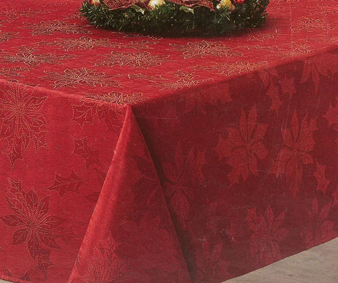 Santa's Workshop Red Poinsettia Fabric Tablecloth 1 Santa's Workshop Red Poinsettia Fabric Tablecloth
