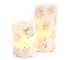 Silver Snowflake 2-Piece LED Pillar Candle Set