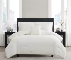 White Embroidered-Accent Stitch-Tufted Comforter Set