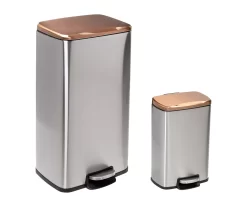 Silver & Rose Gold Stainless Steel 2-Piece Pedal Soft-Close Trash Can Set